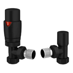 Monza Modern Matt Black Angled Thermostatic Radiator Valves - Energy Saving -Victorian Plumbing Store blk trv ang l2